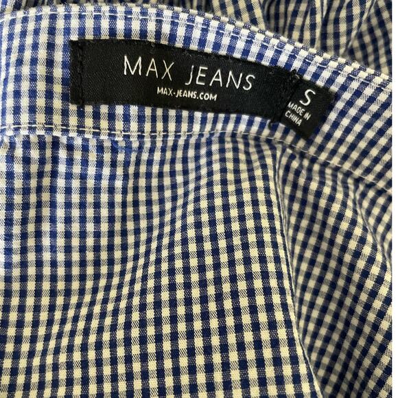 Max‎ Jeans Women Top S Blue Small Checkered Tiered Puff Sleeve Back Tie Preppy - Picture 2 of 14